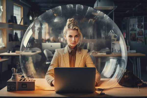 woman inside bubble at her office in front of the computer --ar 16:9 --v 5.2 Job ID: 08e516bc-7e8f-4375-a9c5-d1c04bf9de2a